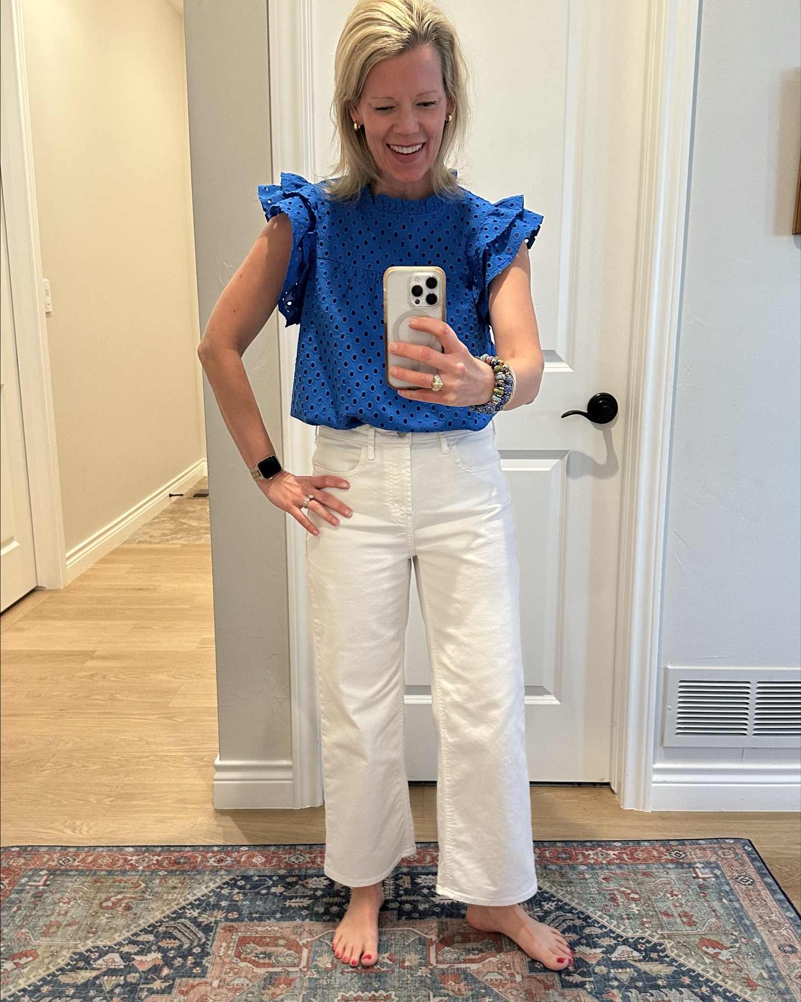 These Old Navy white jeans are so comfortable and so inexpensive! They are on sale right now and are very affordable even when they are not on sale. They run a little big so you might consider sizing down. I bought my regular size because I have a smaller waist and larger thighs so I like the way they fit. I also have the dark wash and black options.  Super cute!!!!

#LTKStyleTip #LTKSaleAlert #LTKFindsUnder50