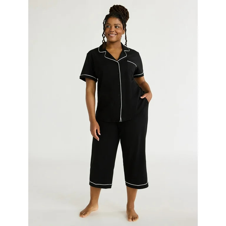 Joyspun Women's Cotton Blend Notch Collar Top and Capri Pants Pajama Set, 2-Piece, Sizes S to 4X | Walmart (US)