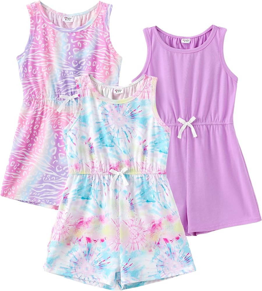 PATPAT Girls 3 Pack Rompers 3-12 Years Floral Summer Rompers Elastic Waist Sleeveless Jumpsuits C... | Amazon (US)