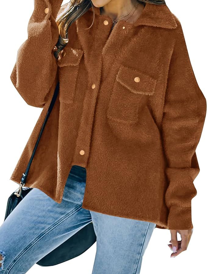 ZESICA Women's Winter Warm Fuzzy Fleece Jacket Lapel Button Down Loose Outwear Coat with Pockets | Amazon (US)