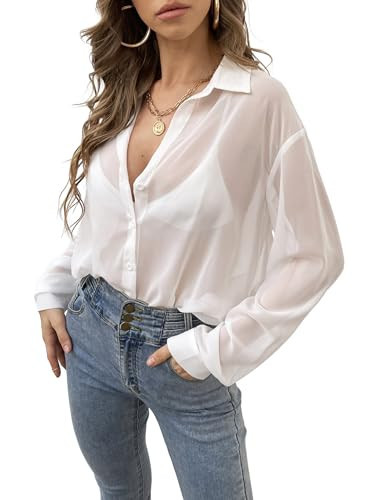 Verdusa Women's Sheer Mesh Button Down Shirt Top Long Sleeve Drop Shoulder Blouse Solid White Large | Amazon (US)