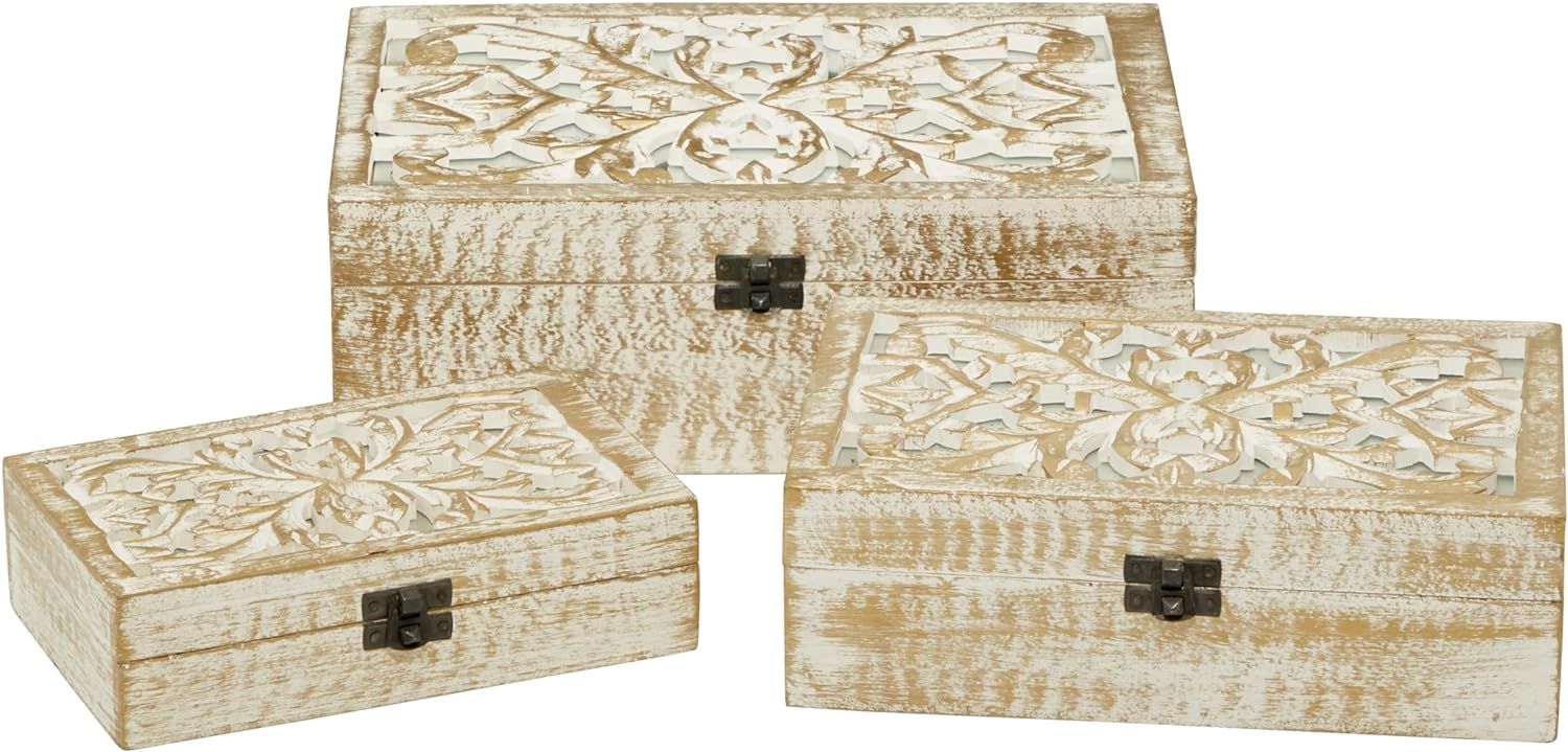 Deco 79 Mango Wood Floral Handmade Box with Hinged Lid, Set of 3 8", 10", 12"W, White | Amazon (US)