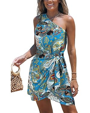 CUPSHE Women's One Shoulder Leaf Print Self-tie Short Dress Sleeveless Tiered Hem Formal Dress Ca... | Amazon (US)
