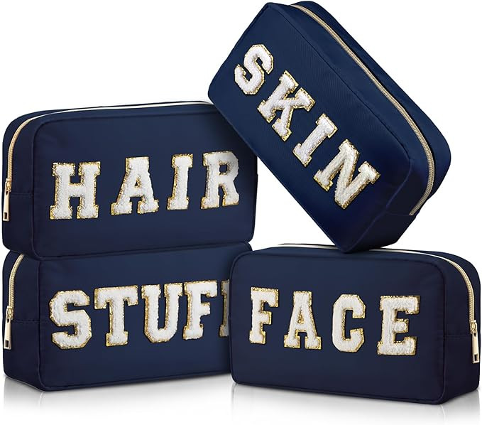 Cunno 4 Pcs Preppy Makeup Bags Chenille Letter Stuff Bag Nylon Cosmetic Pouch Cases with Zipper f... | Amazon (US)