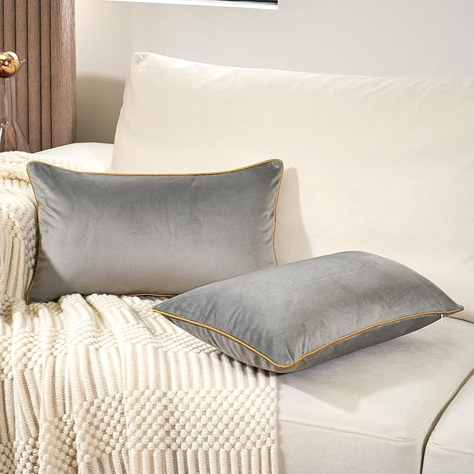 Aeckself Pack of 2 Luxury Velvet Gray Lumbar Pillow Covers 12 x 20 Inch, Modern Decorative Pillow... | Amazon (US)