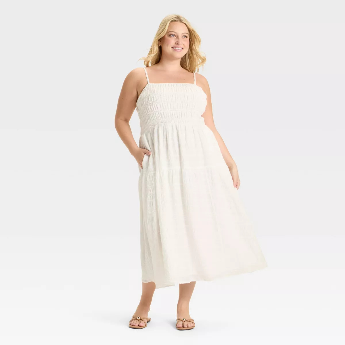 Women's Smocked Midi A-Line Dress - Ava & Viv™ Cream XXL | Target