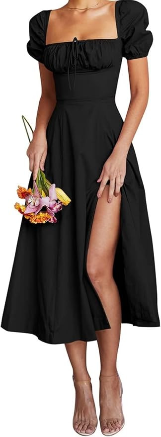 Linsery Women's Puff Sleeve Floral Maxi Dress Elegant Square Neck Cottagecore Boho Split Long Dre... | Amazon (US)