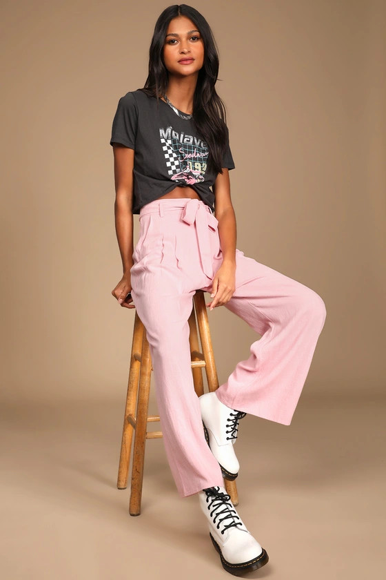 Trend Alert Light Pink Belted High-Waisted Wide-Leg Pants | Lulus (US)