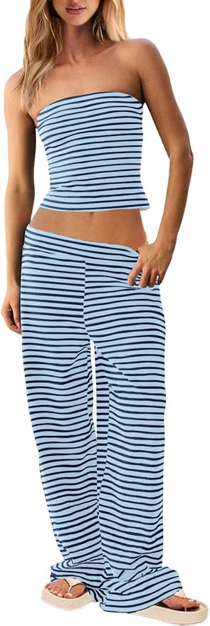 UNIANKIYA Womens Striped Pant Sets 2 Piece Strapless Tube Top and Wide Leg Pants Summer Casual Be... | Amazon (US)