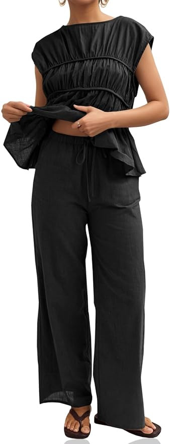 Tankaneo Womens 2 Piece Outfits Pleated Cap Sleeve Babydoll Blouse Wide Leg Pants Cotton Travel V... | Amazon (US)