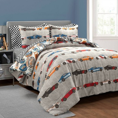 7pc Full Kids' Race Cars Reversible Oversized with Printed Sheet Set Comforter Blue/Orange - Lush Décor: Car Bedding, Kids Comforter Sets | Target