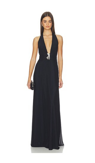 Plunge Neckline Mesh Halter Dress in Navy | Revolve Clothing (Global)