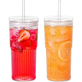 Cosnou Glass Cups With Lids and Glass Straws，20 OZ High Borosilicate Glass Tumbler Iced Coffee ... | Amazon (US)