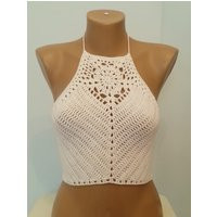 Crochet Halter Crop Top White Microfiber Summer Festival Top | Etsy (US)