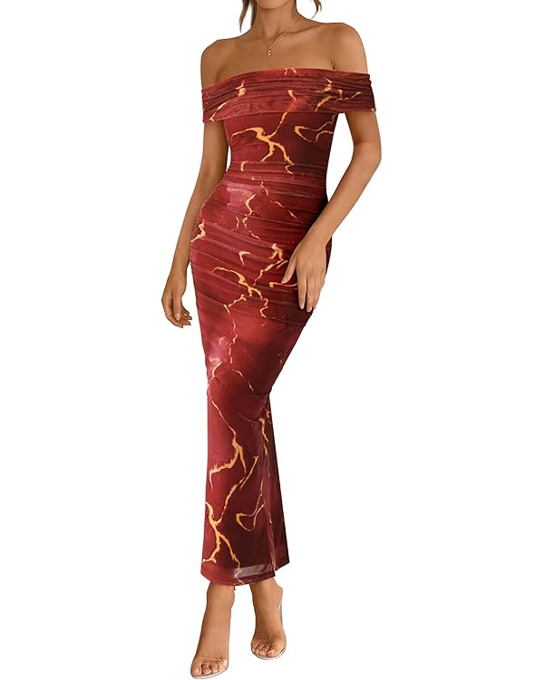 BTFBM Off Shoulder Bodycon Dresses for Women 2025 Summer Ruched Split Mesh Cocktail Party Club Fl... | Amazon (US)