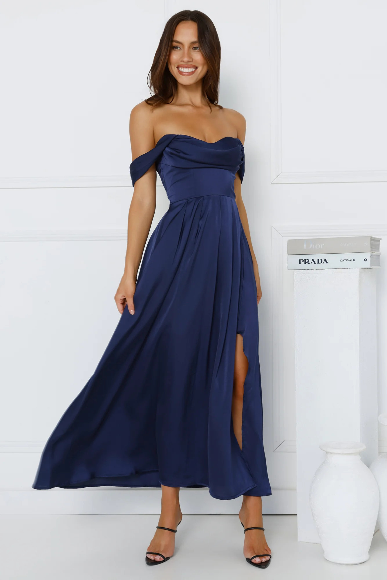 Golden Affair Off Shoulder Satin Maxi Dress Navy | Hello Molly (AU)