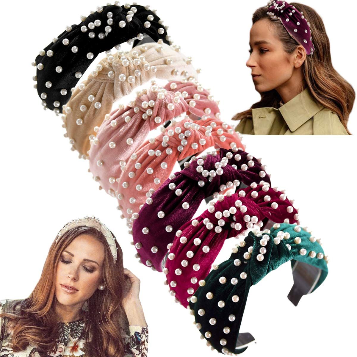 Pearl Headband for Women 7 Pack Velvet Knot Headbands with Pearls Wide Headbands Vintage Turban H... | Amazon (US)
