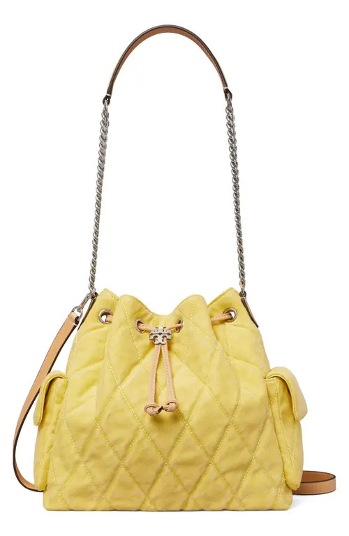 Tory Burch Charlie Quilted Denim Drawstring Shoulder Bag in Yellow at Nordstrom | Nordstrom