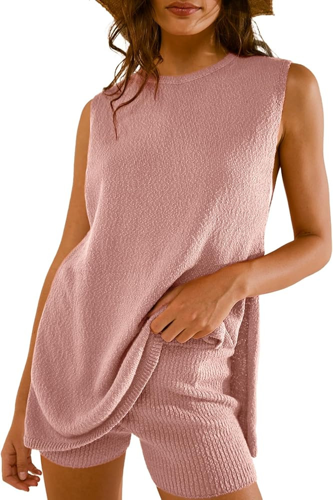 Glamaker Women's 2 Piece Shorts Sets Summer Sweater Ribbed Knit Tunic Top Matching Set Beach Vaca... | Amazon (US)