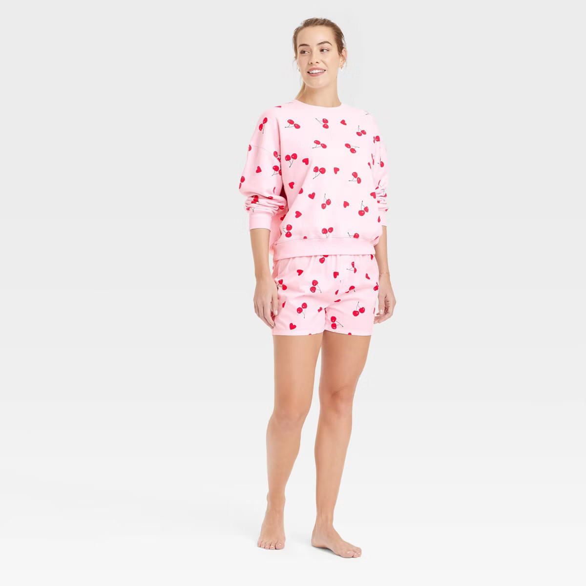 Women's Valentine's Day Cherry Hearts Printed Graphic Sweatshirt - Pink | Target