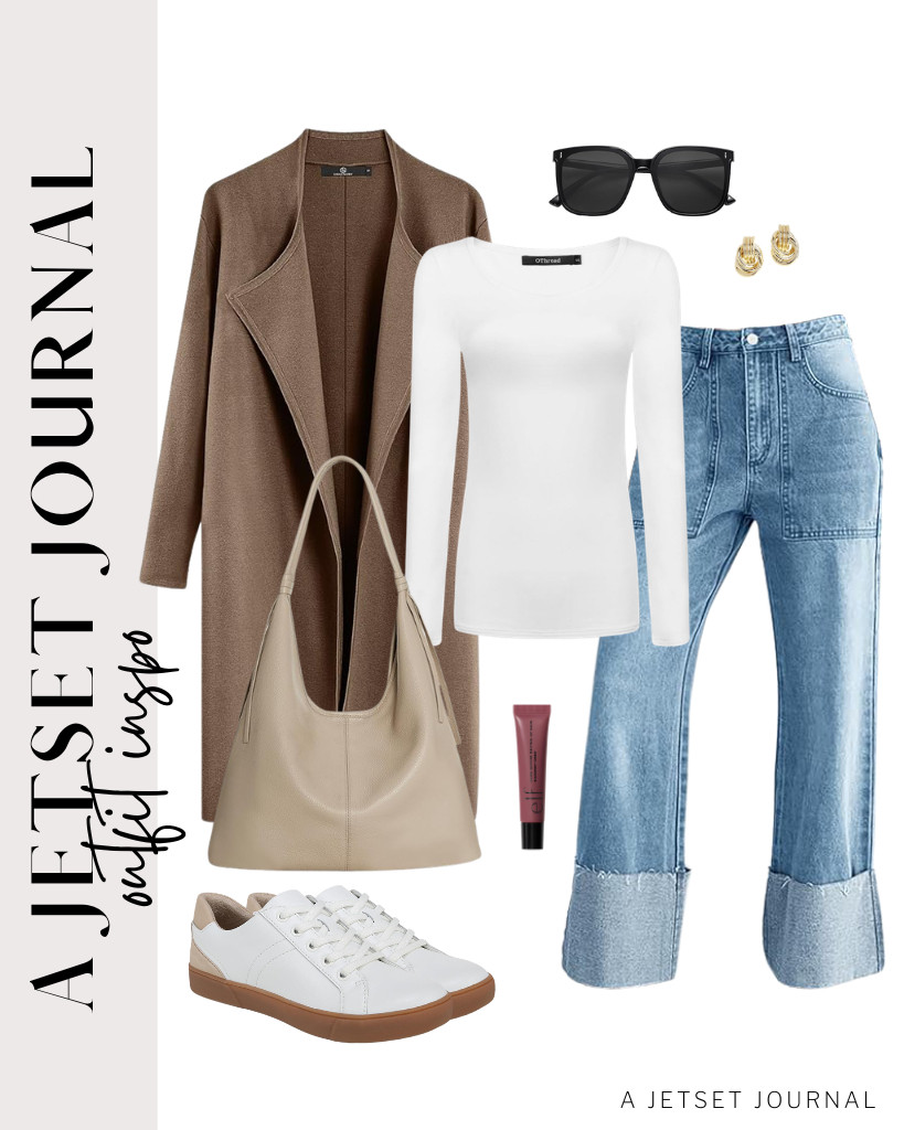 I love pairing long sleeve tops with PLNOTME baggy cuffed jeans, as they make it easy to add a lovely third piece like this brown long coat on chilly days. Complete the look with these Naturalizer fashion sneakers. 

 #LTKSeasonal #LTKSaleAlert #LTKTravel