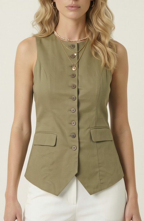 Modenaire Longline Button Front Tailored Vest in Olive Green at Nordstrom, Size Small | Nordstrom