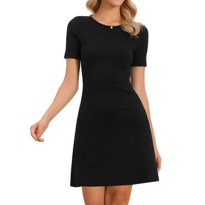 INSPIRE CHIC Women's Knit Short Sleeves Crew Neck Solid Color Summer Mini A-line Dresses Small Black | Target