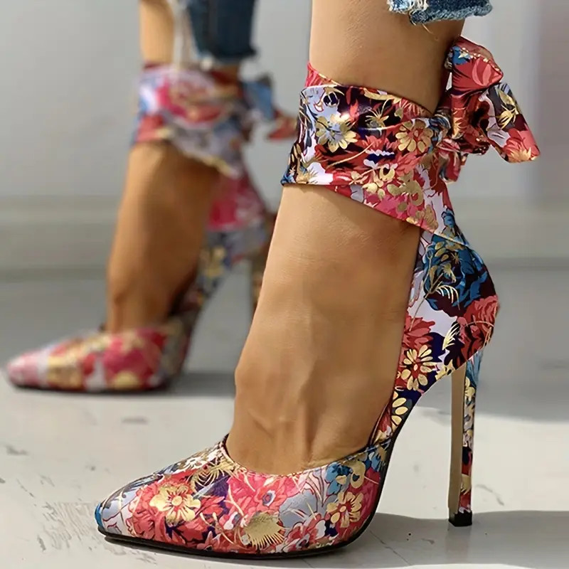 Women's Floral Printed Satin High Heels Fashion Pointed Toe - Temu | Temu Affiliate Program