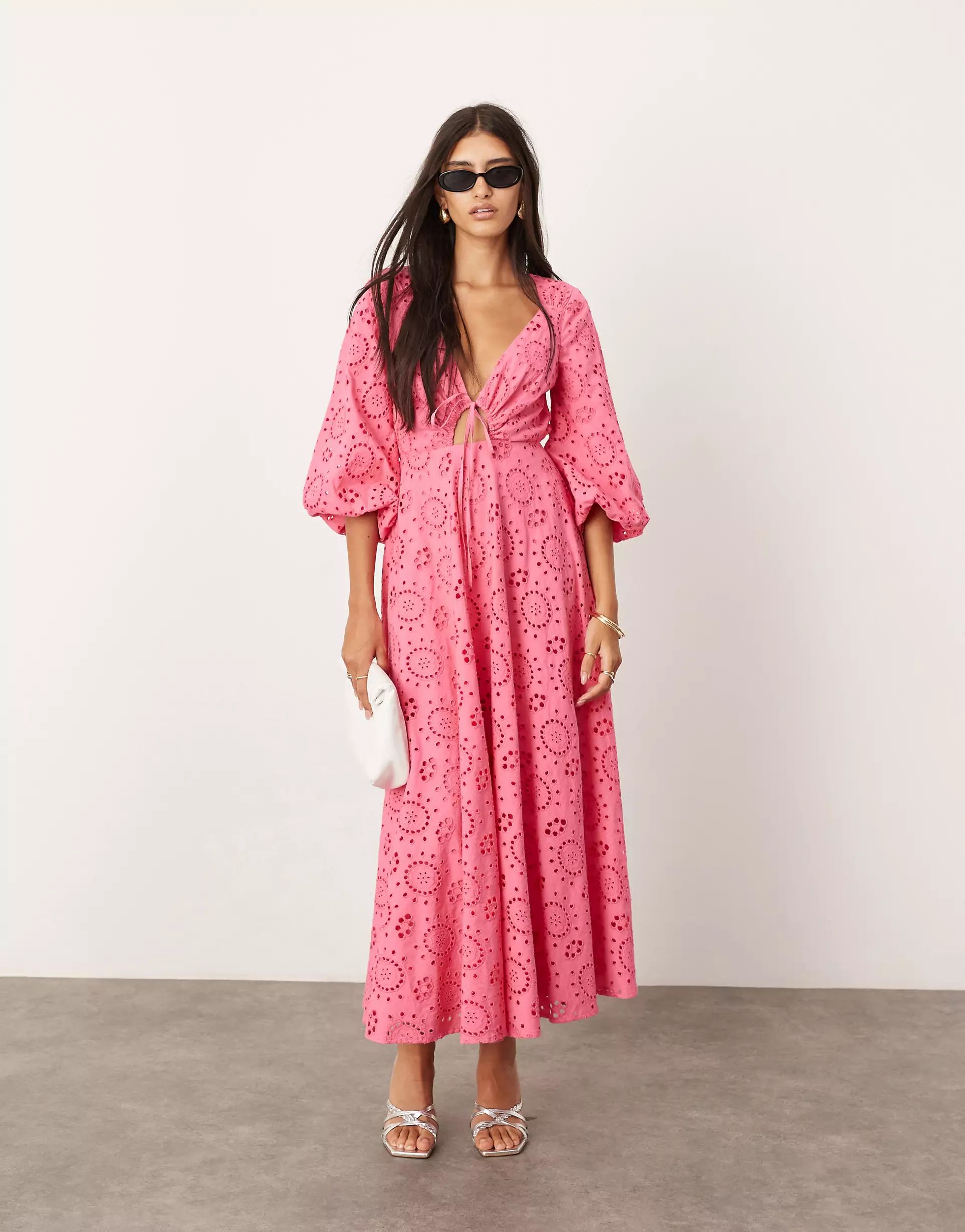 ASOS EDITION broderie tie front midi dress with cut out detail in hot pink | ASOS (Global)