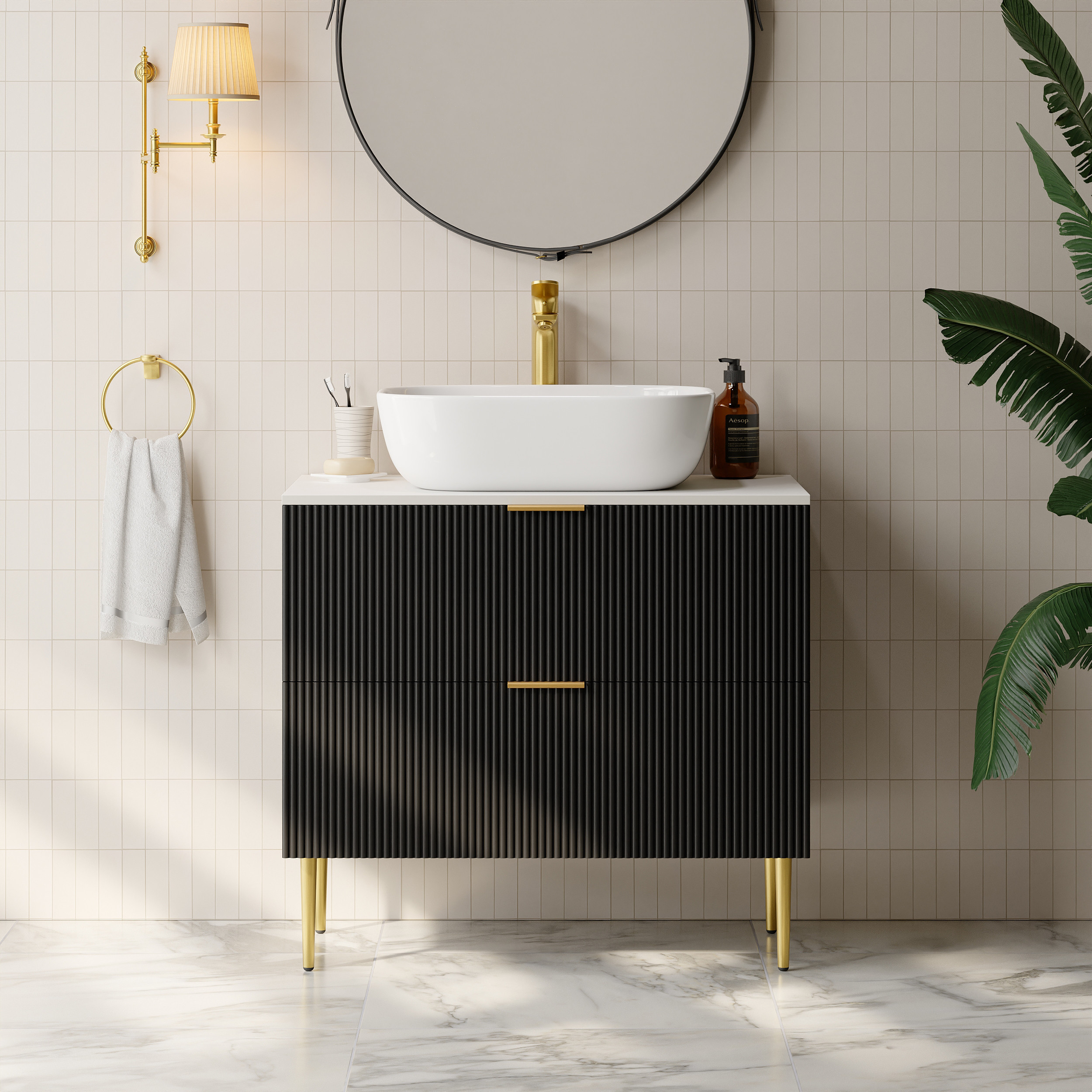 31.5'' Black Single Fluted Bathroom Vanity with Vessel Sink and 2 Drawers | Homary