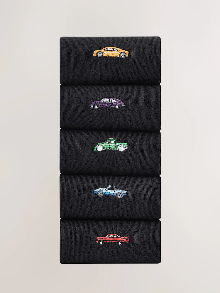 Black Cars Fun Embroidered Socks 5 Pack | Next AU
