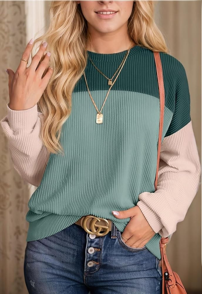 Women's Long Sleeve Sweater Crewneck Knitted Ribbed Shirts Color Block Tunic Tops Casual Loose(AL... | Amazon (US)