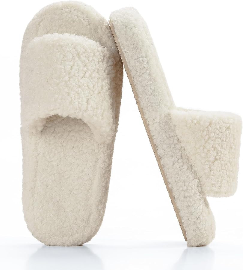 Parlovable Fuzzy Slippers for Women Open Toe Curly Fur Fluffy House Shoes Memory Foam Thick Sole ... | Amazon (US)
