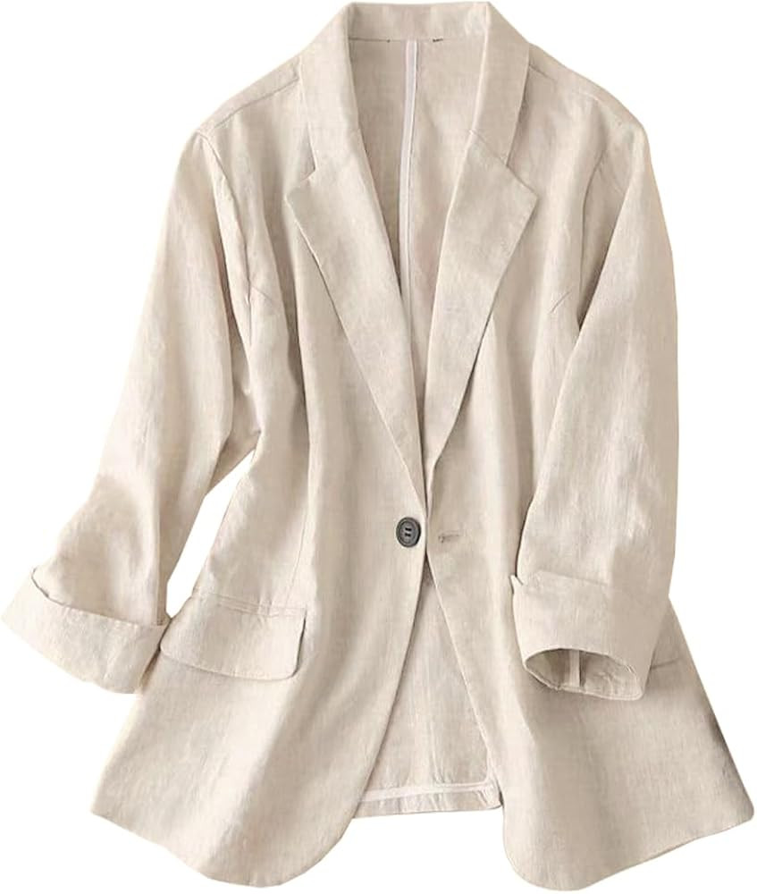 IDEALSANXUN Womens Linen Blazer Notch Lapel One Button Suit Coat Jackets | Amazon (US)