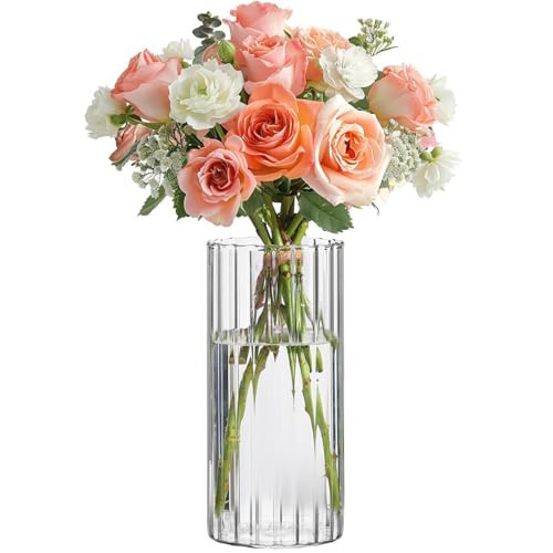 ComSaf Glass Cylinder Vases, Bud Vase for Centerpieces, 8 Inch Tall Ribbed Vase Hurricane Floating Candle Holder, Decorative Flower Vases for Wedding Reception, Home Decor, Housewarming Gift (Clear) | Amazon (US)
