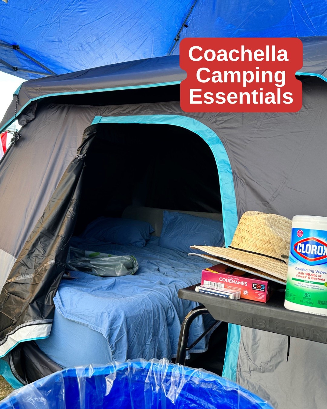 Coachella camping essentials!! Organize your space with a good tent! Don’t forget the pop up trash cans and recycle bins! #camping #coachella #coachellacamping #coachellaessentials #campingatcoachella