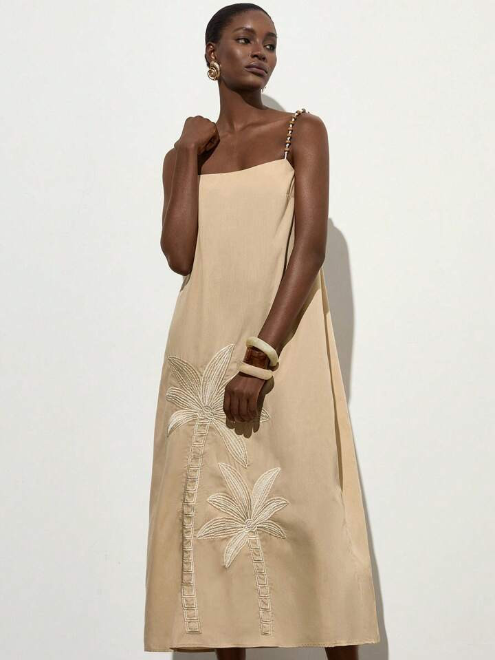 Aveloria Modichic Women's Elegant Classic Beige Coconut Tree Embroidered Strap Dress, Luxury Design, Casual Vacation Wear | SHEIN