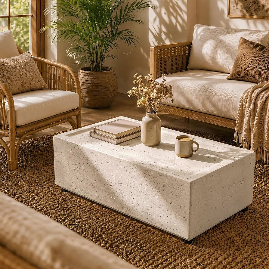 Patio Watcher 40" Rectangle Coffee Table, Travertine Look, Off-White | Amazon (US)