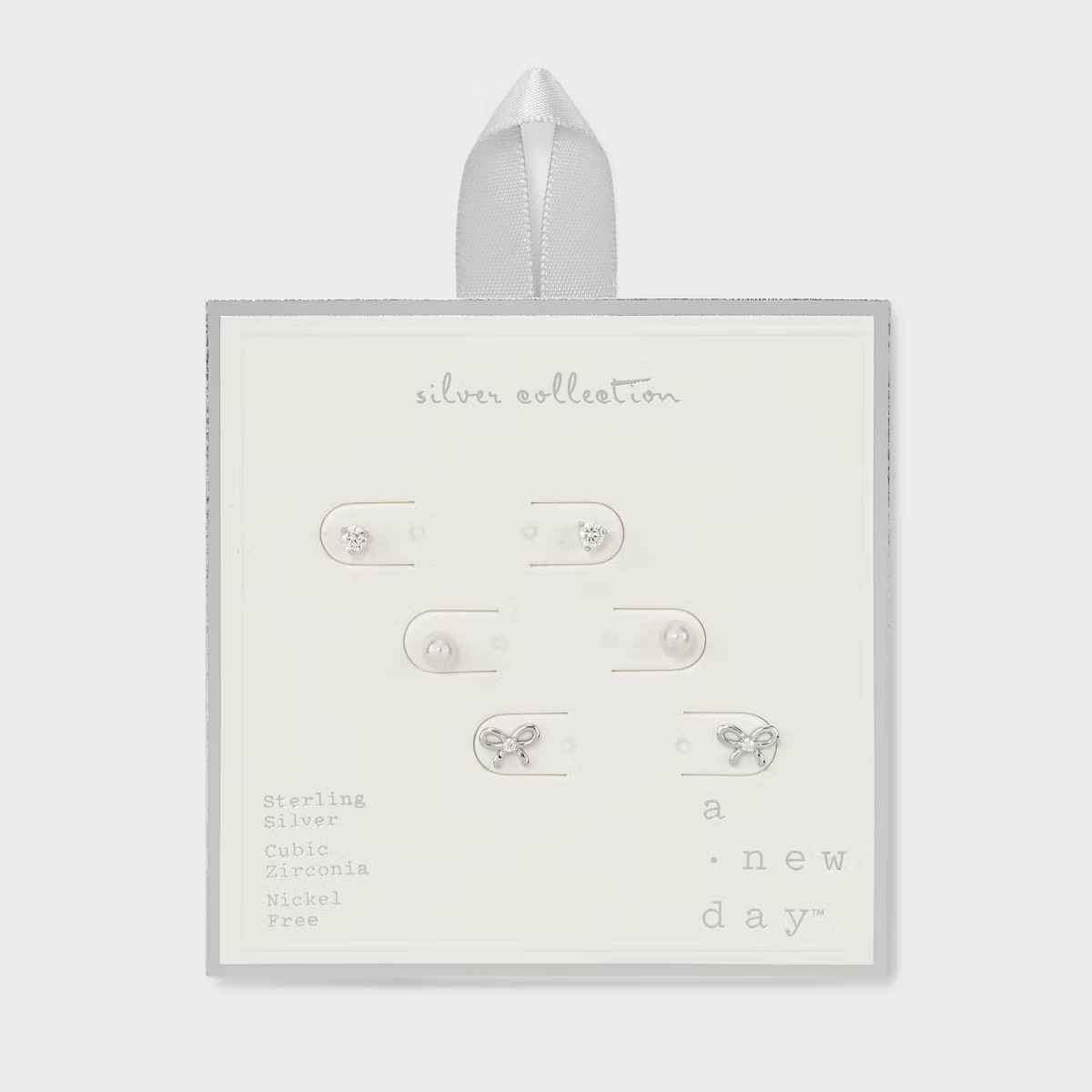 Cubic Zirconia with Glass Pearl Bow Earring Set 3pc - A New Day™ Silver: Polished Stud Earrings... | Target