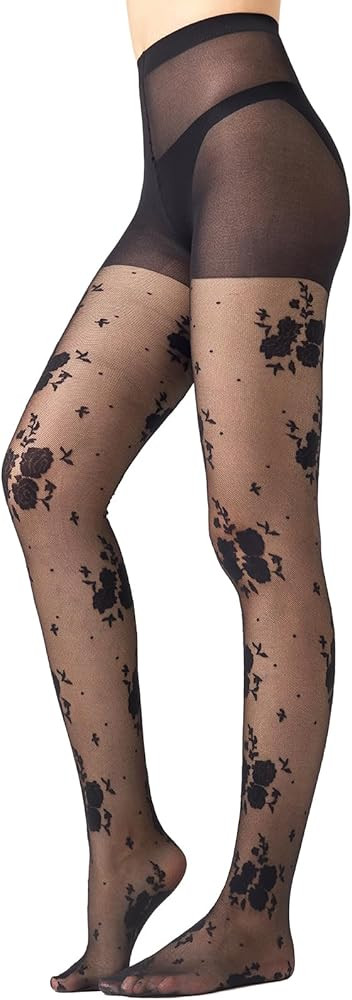 Black Patterned Tights for Women, 20D Ultra Thin Sheer Pantyhose, High Waist Stocking Tights | Amazon (US)