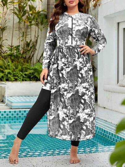 SHEIN Swim Mulvari Plus Size Allover Print Zipper Turtle Neck Long Sleeve Top And Solid Color Pan... | SHEIN