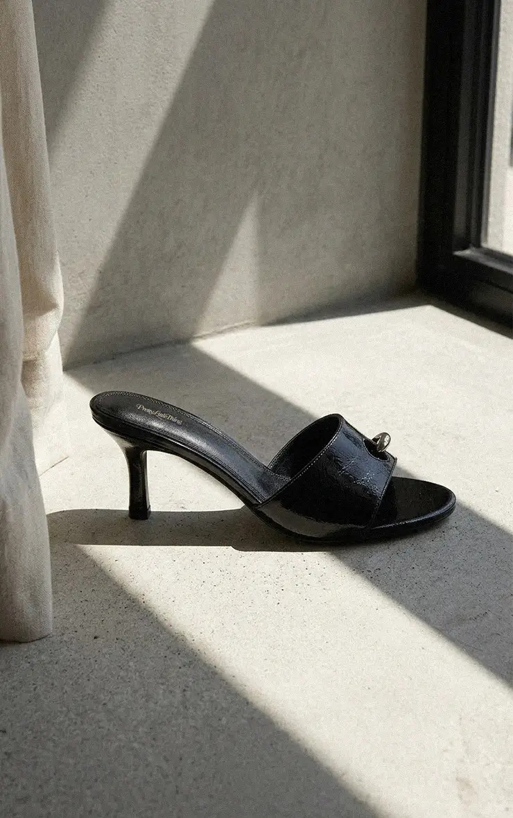 Black Faux Leather Cut Out Ring Detail Mid Heeled Mules | PrettyLittleThing | PrettyLittleThing UK