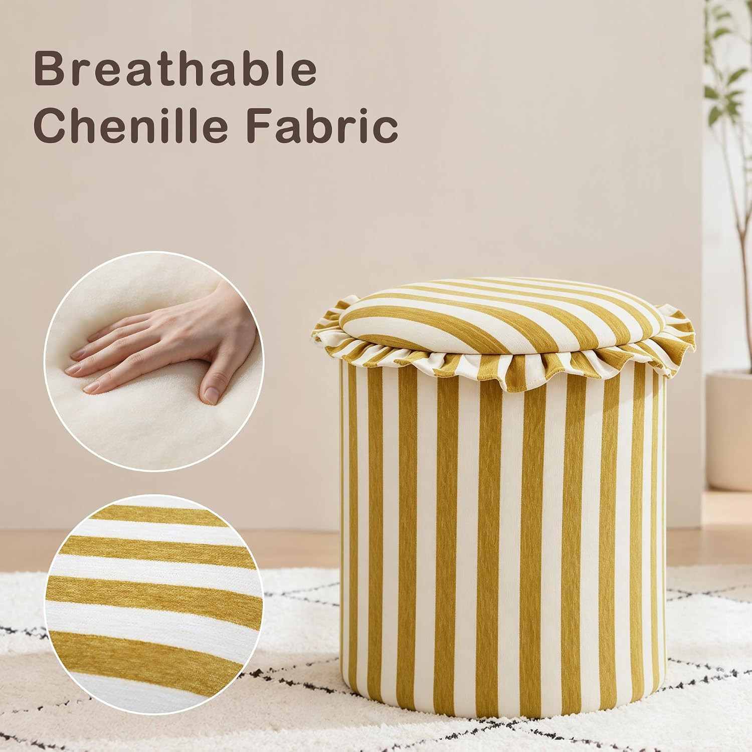 GLAXYFUR Round Striped Ottoman with Storage, Foot Rest Stool, Yellow | Amazon (US)
