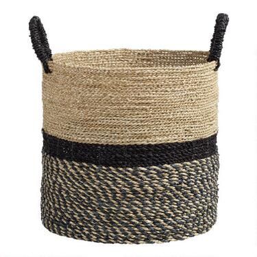 Large Black and Natural Seagrass Calista Tote Basket | World Market