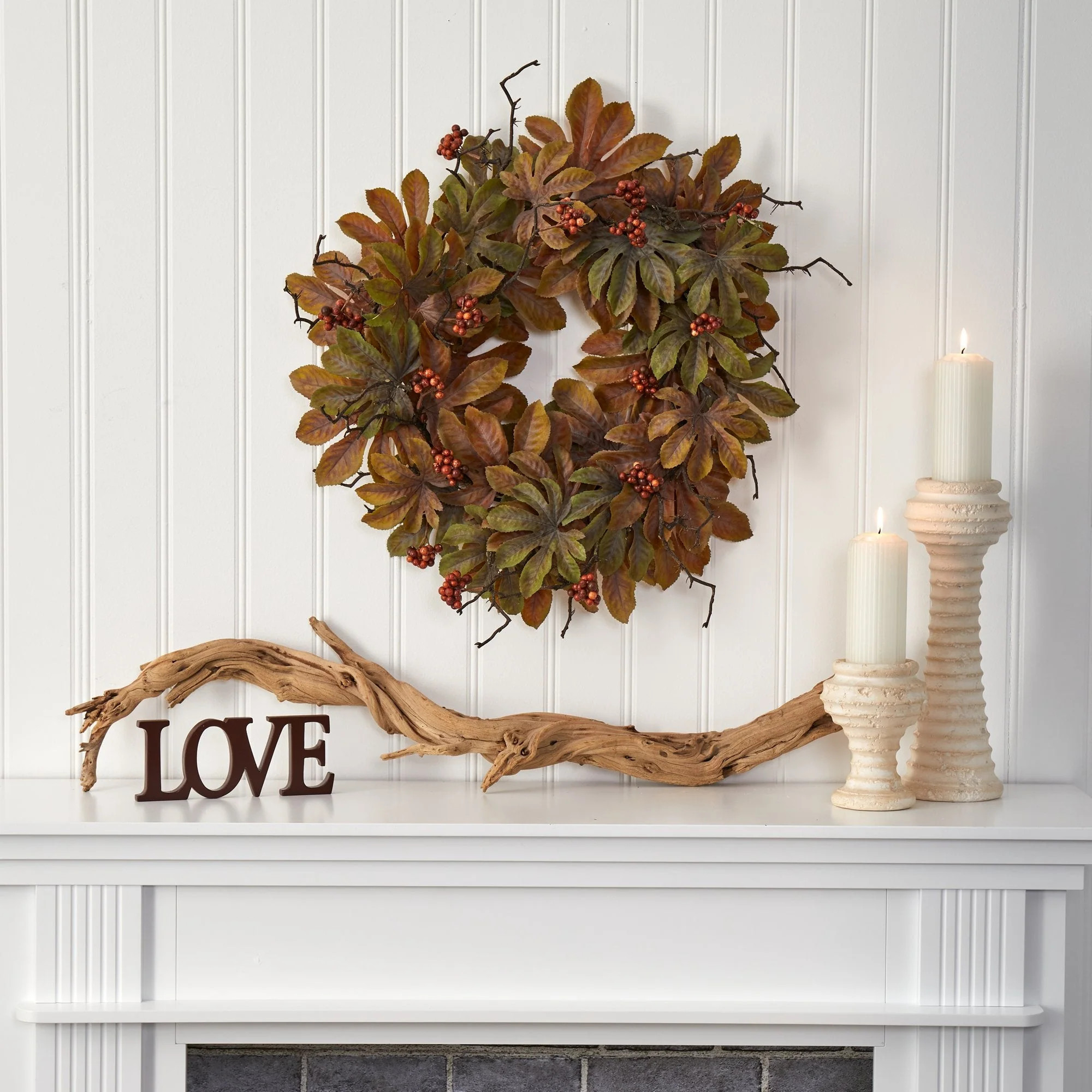 24” Fatsia with Berries Autumn Artificial Wreath | Plow & Hearth