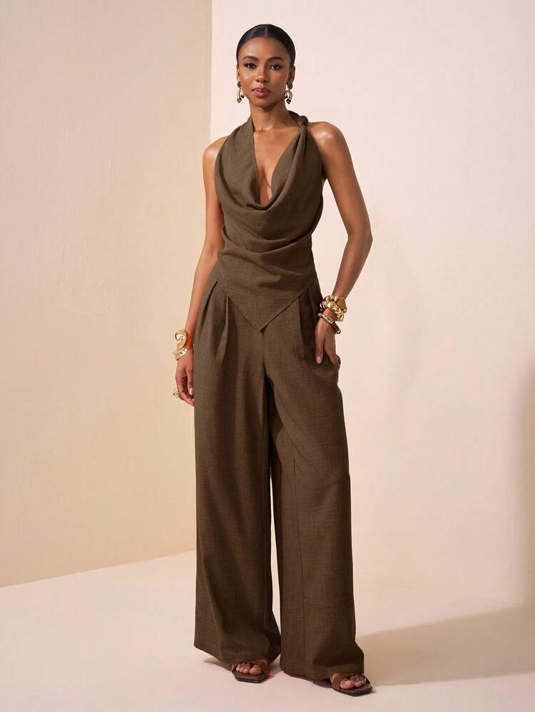 Zivah New Spring/Summer New Music Festival, Easter, St. Patrick's Day, Western, Nomadic, Birthday Party, Graduation, College Style, Student Wear, Casual Everyday, All-Match Versatile, Leisure, Cruise Travel, Beach, Sunbathing, Viral , Streetwear, Wedding Guest Boho, Commute, Brunch, Airport Outfit - Asymmetric Knot Design Pointed Top In Brown Textured Fabric, Flared Collar Top And Wide Leg Pants Suit Set | SHEIN