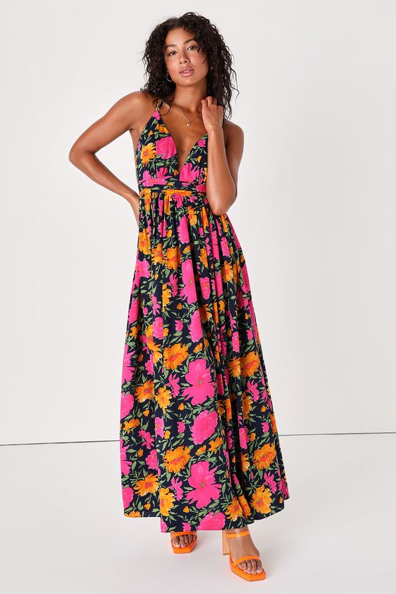 Vivacious Love Navy Floral Print Sleeveless Strappy Maxi Dress | Lulus (US)