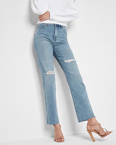 Super High Waisted Light Wash Ripped Modern Straight Jeans | Express