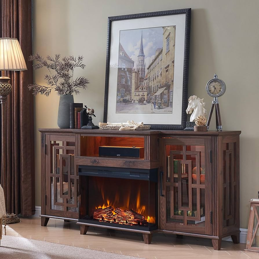 JXQTLINGMU 3-Sided Glass Fireplace TV Stand for 75 Inch TV w/LED Light, Farmhouse Highboy Enterta... | Amazon (US)