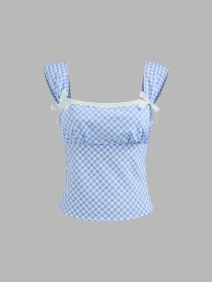 Woven Backless Square Neck Gingham Bowknot Tank Top For Picnic | Cider